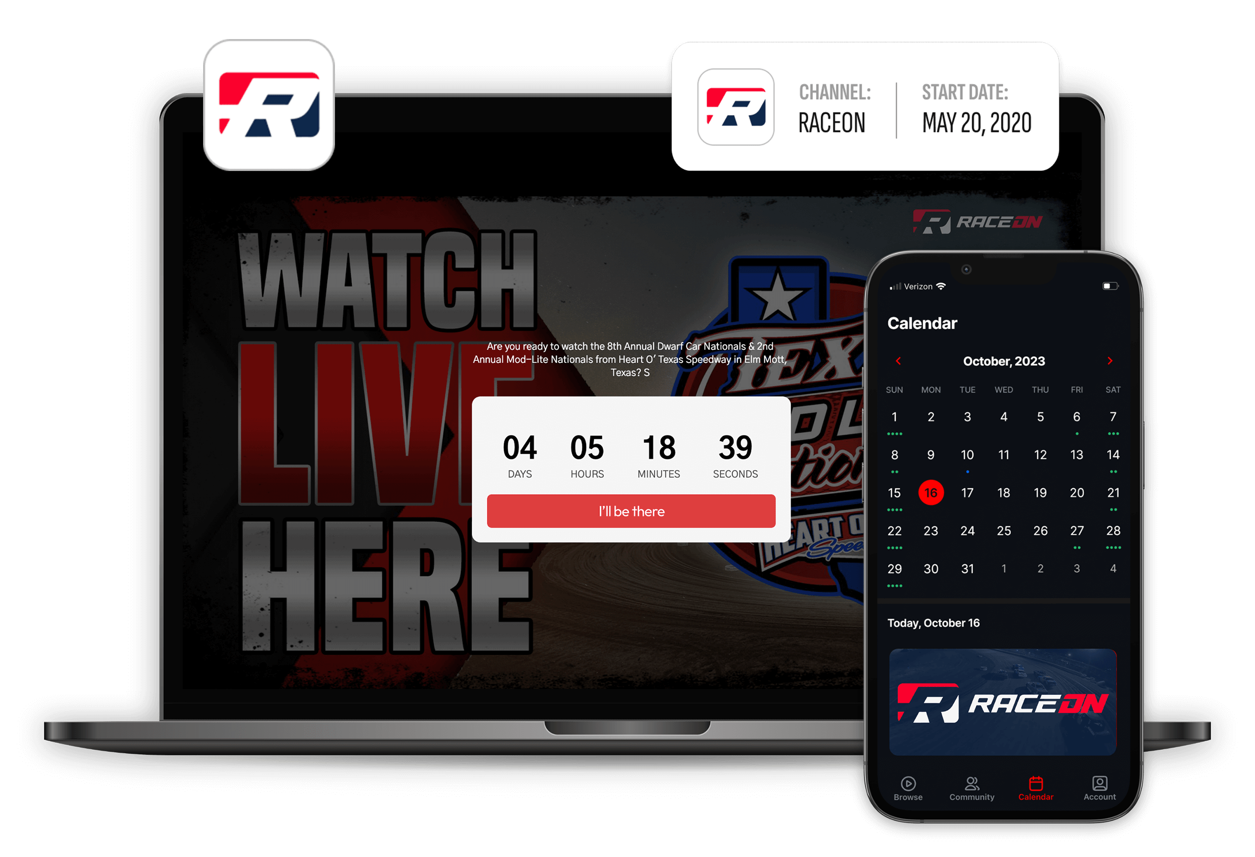 An image of RaceON's Live Stream Countdown and Content Calendar.